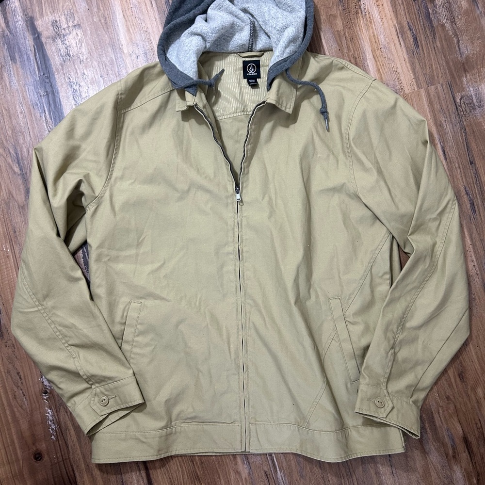 Volcom Men's Khaki Zip Jacket with Gray Hood